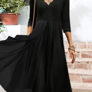 Women Plain Autumn Elegant V neck Three Quarter Sleeve Dress, Maxi Dresses, Roselinlin - Online Catalog