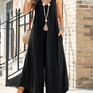 Women Sleeveless Crew Neck Regular Fit Long Daily Casual Plain Natural Jumpsuit, Jumpsuits&Rompers, color:Black|size:XL, catalog Noracora shop