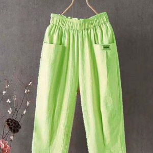 Women's Trousers Elastic Waist Straight Pants Daily Going Out Casual Pocket Stitching Cotton Plain Summer Pants, JustFashionNow Pants, color:Aqua|size:3XL,