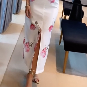 Regular Fit Plants Elegant Maxi Skirt, Skirts, color:White|size:XXL, Stylewe