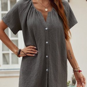 Plain Buttoned Short Sleeve Crew Neck Blouse, Blouses & Shirts, Roselinlin - Online Catalog