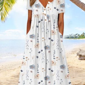 Women Floral Half Open Collar Short Sleeve Comfy Casual Maxi Dress, Midi, color:White|size:XXL, catalog Noracora shop