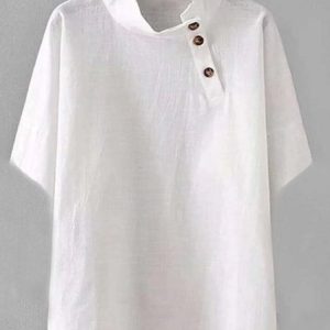 Short Sleeve Cotton Solid Stand Collar Top, Blouses & Shirts, Roselinlin - Online Catalog