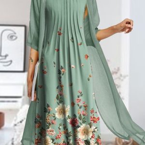 Half Sleeve Loose Floral Round Neck Two Piece Dress, Midi Dresses, Roselinlin - Online Catalog