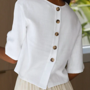 Women Blouse Crew Neck Short Sleeve Plain Buckle Regular Loose Shirt, Blouses, color:White|size:XXL, catalog Noracora shop