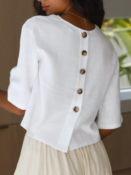 Women's Short Sleeve Blouse Summer Plain Buckle Cotton Crew Neck Daily Going Out Casual Top White, JustFashionNow Blouses, color:White|size:XXL,