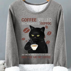 Women's Coffee Spelled Backwards Is Eeffoc Funny Black Cat Graphic Print Warmth Fleece Sweatshirt, Hoodies&Sweatshirts, Lilicloth.com