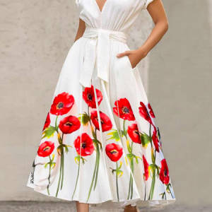Floral Regular Fit V Neck Short Sleeve Elegant Maxi Dress With Belt, Maxi Dresses, color:White|size:XXL, Stylewe