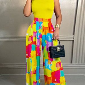 Regular Fit Geometric Urban Crew Neck Jumpsuit, Jumpsuits, color:Yellow|size:XXL, Stylewe