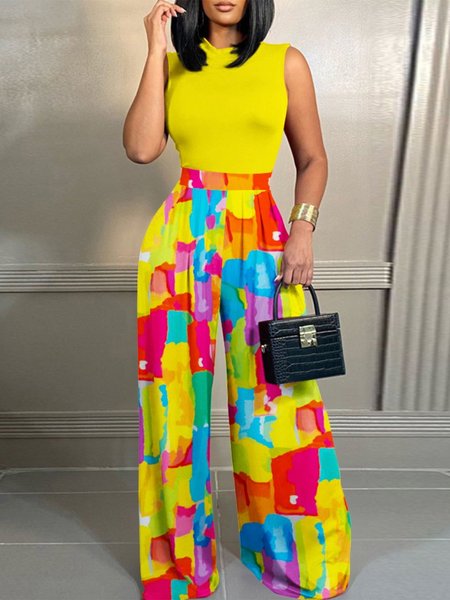Regular Fit Geometric Urban Crew Neck Jumpsuit, Jumpsuits, color:Yellow|size:XXL, Stylewe