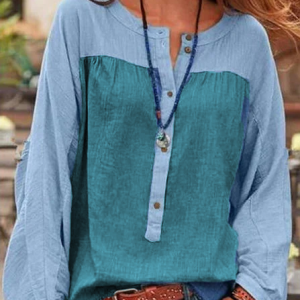 Color Block Cotton-Blend Long Sleeve Casual V Neck Shirt & Top, Blouses & Shirts, Roselinlin - Online Catalog