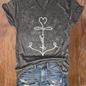 Women's Faith Anchor Print V Neck T-shirt, T-shirts, Lilicloth.com