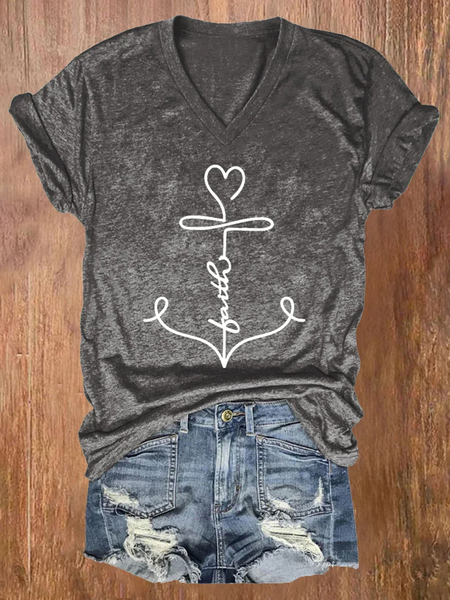 Women's Faith Anchor Print V Neck T-shirt, T-shirts, Lilicloth.com