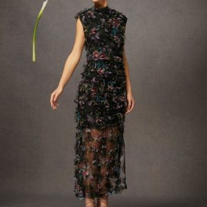 Elegant Ruched Cowl Neck Floral Textured Slit Midi Dress, Maxi Dresses, color:Black|size:XXL, Stylewe
