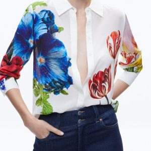 Regular Fit Floral Shirt Collar Elegant Blouse, Blouses and Shirts, color:White|size:XXL, Stylewe