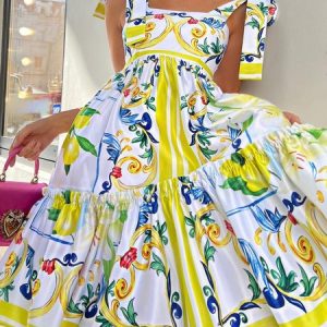 Square Neck Regular Fit Vacation Print Dress, Midi Dresses, color:Yellow|size:XXL, Stylewe
