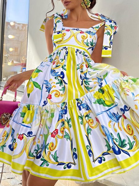 Square Neck Regular Fit Vacation Print Dress, Midi Dresses, color:Yellow|size:XXL, Stylewe