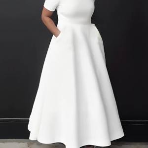 Micro-Elasticity Regular Fit Crew Neck Short Sleeve Plain Elegant Maxi Dress, Maxi Dresses, color:White|size:XXL, Stylewe