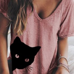 Summer Cat Printed V neck Loose T Shirt Top, Tees & T-shirts, Roselinlin - Online Catalog