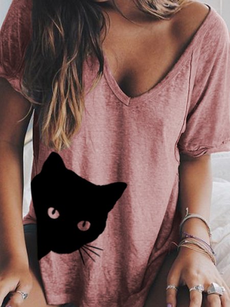 Summer Cat Printed V neck Loose T Shirt Top, Tees & T-shirts, Roselinlin - Online Catalog