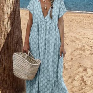 Women Plus Size Casual V Neck Short Sleeve Printed Floral Weaving Dress, Maxi Dresses, Roselinlin - Online Catalog
