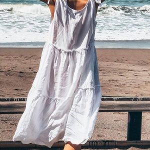 White Women Casual Cotton V Neck Summer Dress, Midi Dresses, Roselinlin - Online Catalog