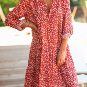 Rose Casual Floral V Neck Dress, Midi Dresses, Roselinlin - Online Catalog