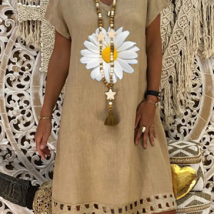 Women Short Sleeve V-neck Daisy Floral-print Cutout A-line Midi Women Dress, Midi Dresses, Roselinlin - Online Catalog