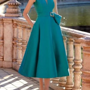 Regular Fit Notched Elegant Sleeveless Midi Dress With Belt, Midi Dresses, color:As Picture|size:XXL, Stylewe