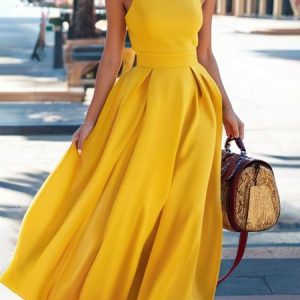 Regular Fit Elegant Crew Neck Plain Dress, Maxi Dresses, color:Yellow|size:XXL, Stylewe