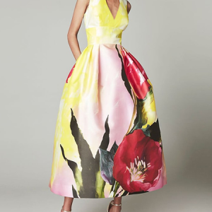Plus Size Floral V Neck Regular Fit Elegant Midi Dress, Plus Dresses, color:As Picture|size:4X, Stylewe