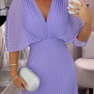 Elegant V Neck Plain Pleated Loose Shirt, Blouses and Shirts, color:Purple|size:XXL, Stylewe