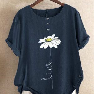 Women Casual Crew Neck Daisy Floral Buttoned Loose Summer Short Sleeve Blouse, Blouses & Shirts, Roselinlin - Online Catalog