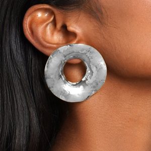 1pair Exaggerated Geometric Circle Shaped Metallic Earrings, Earrings, color:Silver|size:One-size, Stylewe