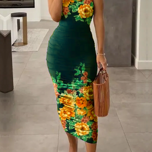 High Elasticity Floral Elegant Crew Neck Sleeveless Tight Midi Dress, Midi Dresses, color:Green|size:XXL, Stylewe