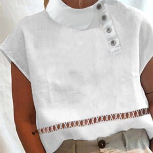 Plain Hollow Out Lace Short Sleeve Buckle Shawl Collar Casual Shirt, Tees & T-shirts, Roselinlin - Online Catalog