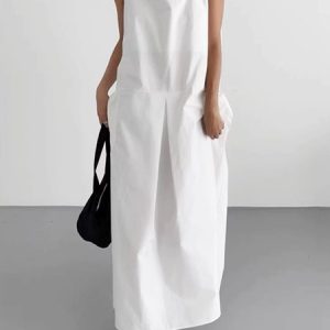Crew Neck Casual Plain Loose Pockets Dress, Maxi Dresses, color:White|size:XL, Stylewe