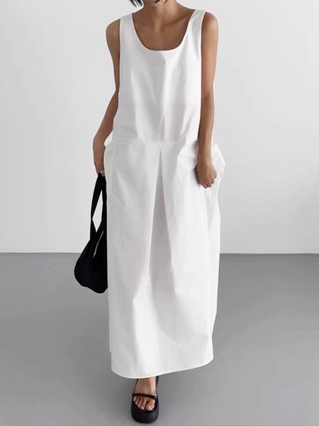 Crew Neck Casual Plain Loose Pockets Dress, Maxi Dresses, color:White|size:XL, Stylewe