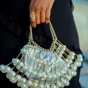 Elegant Beaded Scalloped Handbag with Imitation Pearls Crossbody Strap, Bags, color:As Picture|size:One-size, Stylewe