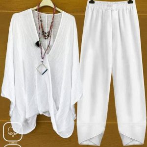 Casual Loose V Neck Plain Two-Piece Set, Suits, Roselinlin - Online Catalog