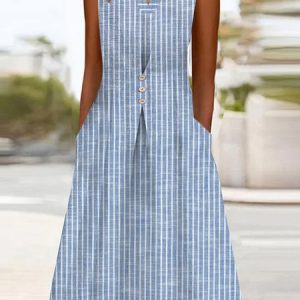 Women's Sleeveless Summer Striped Dress V Neck Daily Going Out Casual Midi A-Line, JustFashionNow Dresses, color:Blue|size:XXL,