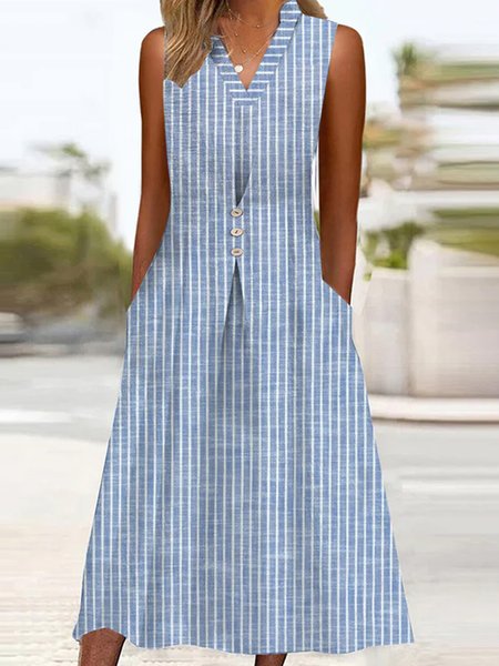 Women's Sleeveless Summer Striped Dress V Neck Daily Going Out Casual Midi A-Line, JustFashionNow Dresses, color:Blue|size:XXL,