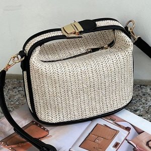 Minimalist Mini Straw Bag Vacation Handbag with Crossbody Strap, Bags, color:Black|size:One-size, Stylewe