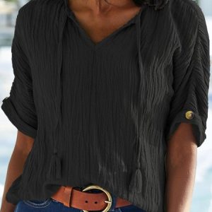 Solid Casual V Neck Short Sleeve Top, Blouses & Shirts, Roselinlin - Online Catalog