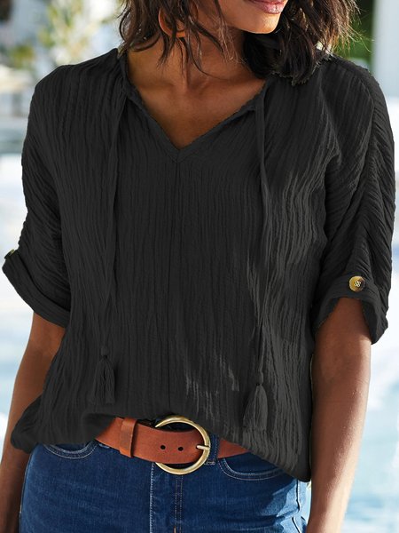 Solid Casual V Neck Short Sleeve Top, Blouses & Shirts, Roselinlin - Online Catalog