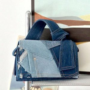 Fashionable Color Block Denim Stitching Handbag With Crossbody Strap, Bags, color:Deep Blue|size:One-size, Stylewe