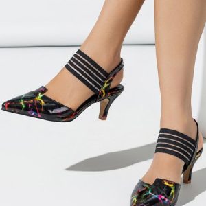 Abstract Printed Elastic Ankle Strap Stiletto Heel Pumps, Heels, color:Black|size:44, Stylewe
