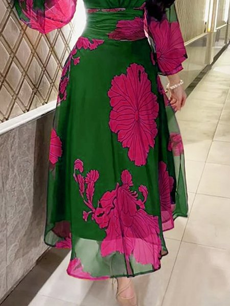 Elegant Floral A-line Skirt, Skirts, color:Green|size:XXL, Stylewe