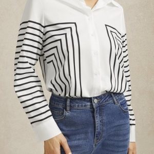 Better Basics Geometric Versatile Glossy Shirt, Blouses and Shirts, color:White|size:XXL, Stylewe