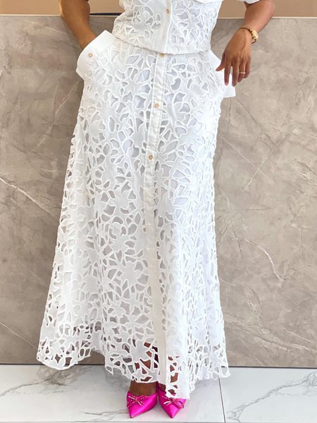 Lace High Waist Urban Plain Skirt, Skirts, color:White|size:XXL, Stylewe